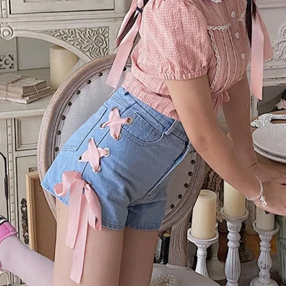 Sweet Pink Bandage Denim Shorts