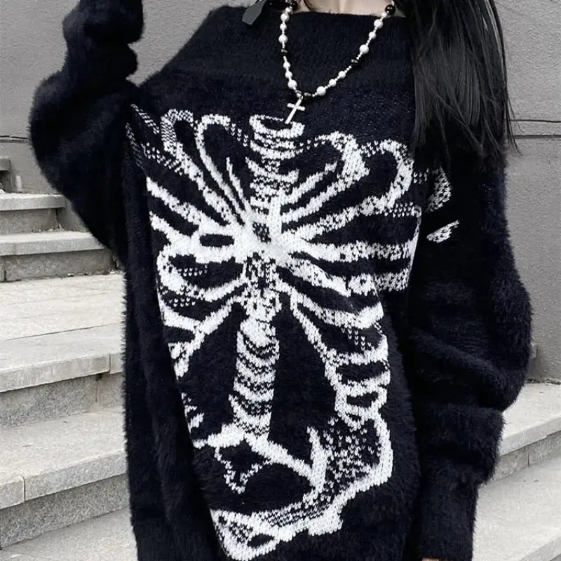 Skeleton Gothic Long Sweater Dress Black