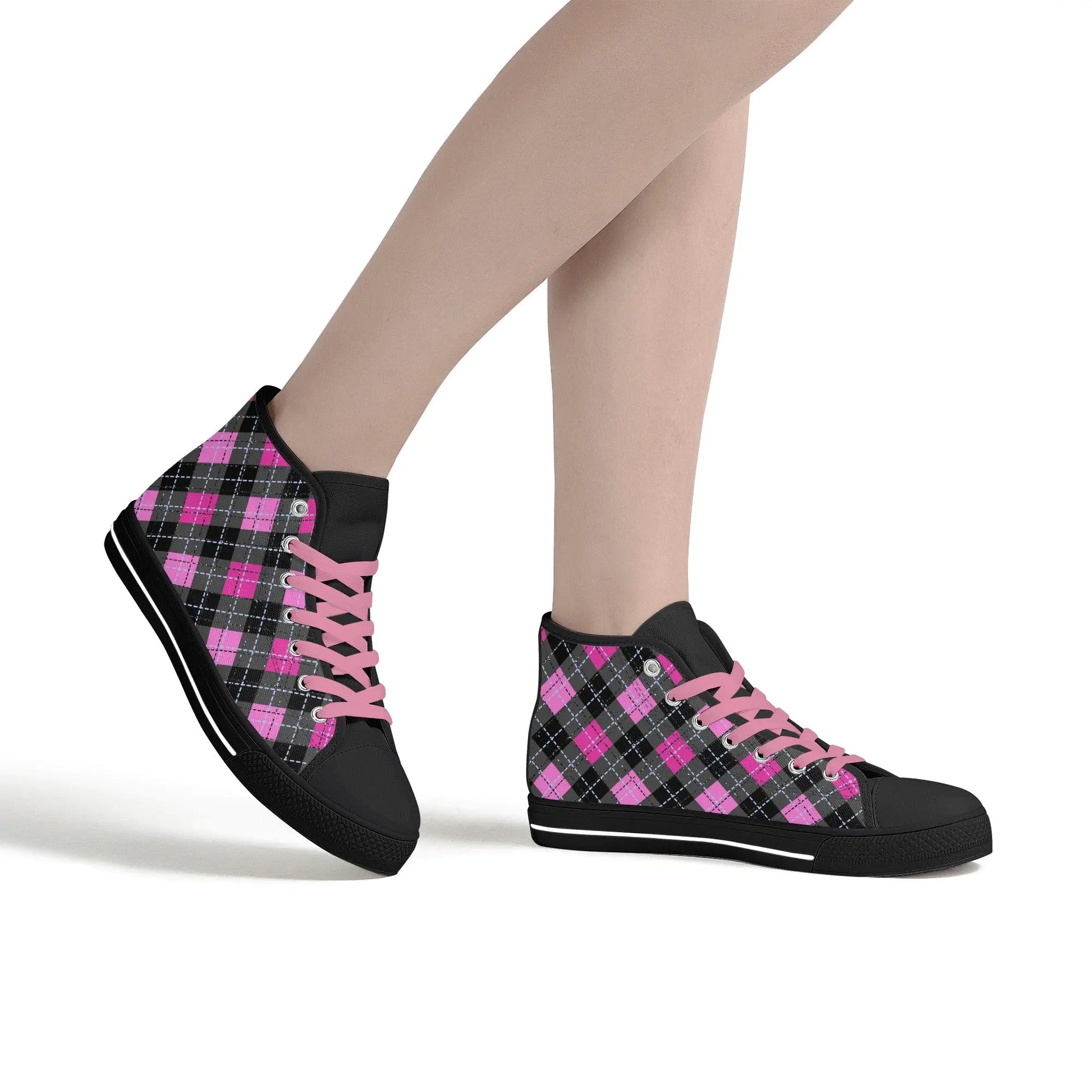 Pink Plaid Womens High Top Canvas Shoes - Image #17