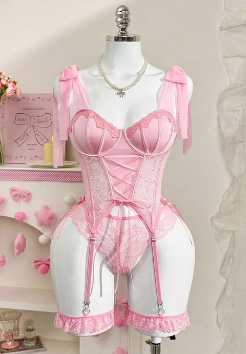 Pink Mochi Corset Lingerie Set with Garters