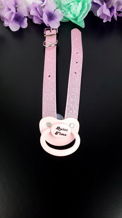 Quiet Time Pink Glitter Pacifier Gag - Puppy's Aesthetics