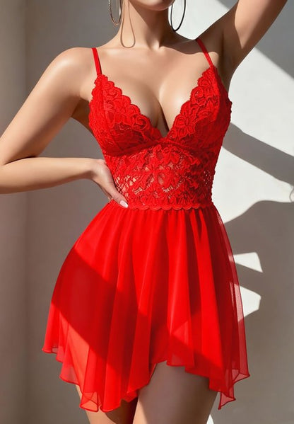 Romantic Red V-Neckline Lingerie Dress