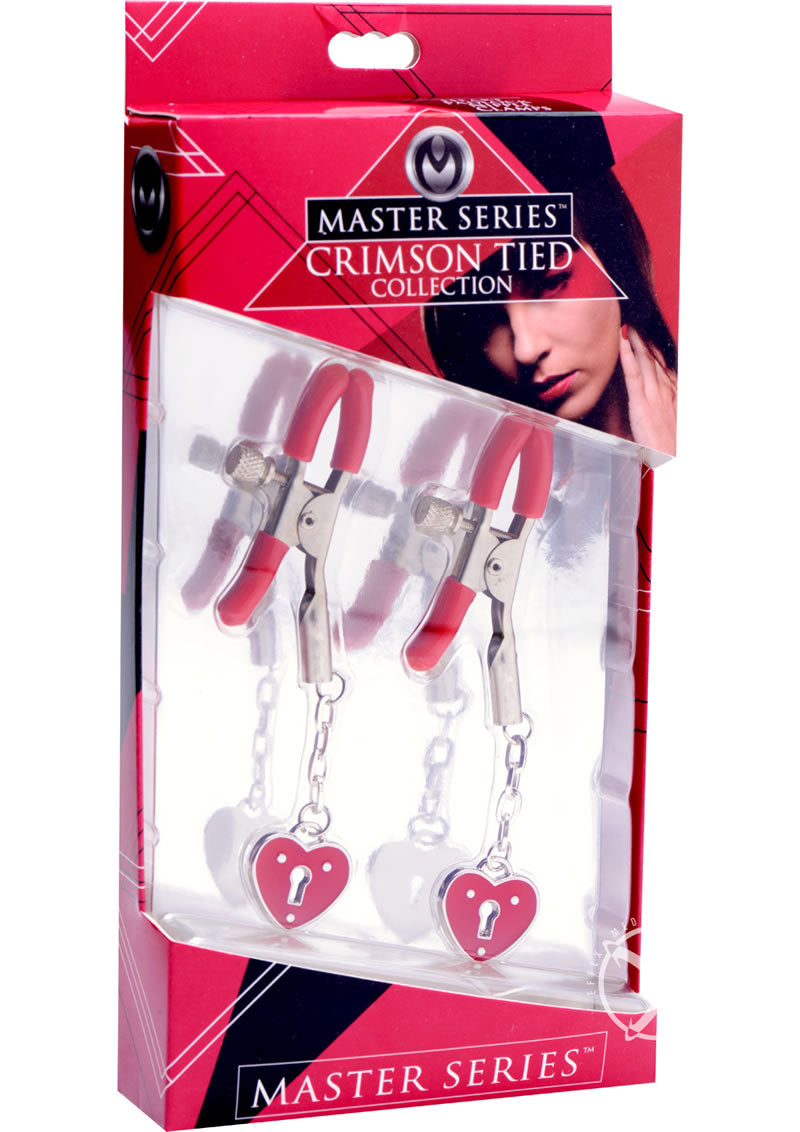 Tied Charmed Heart Padlock Nipple Clamps (Crimson)