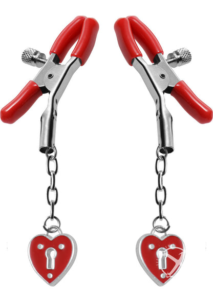 Tied Charmed Heart Padlock Nipple Clamps (Crimson)