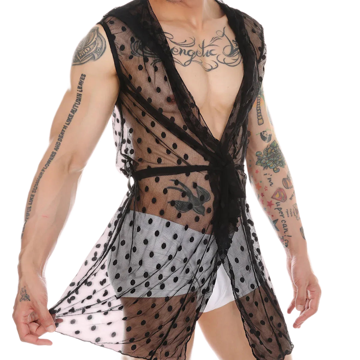 Midnight Whispers Men’s Lace Mesh Bathrobe - Puppy's Aesthetics