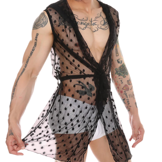 Midnight Whispers Men’s Lace Mesh Bathrobe - Puppy's Aesthetics