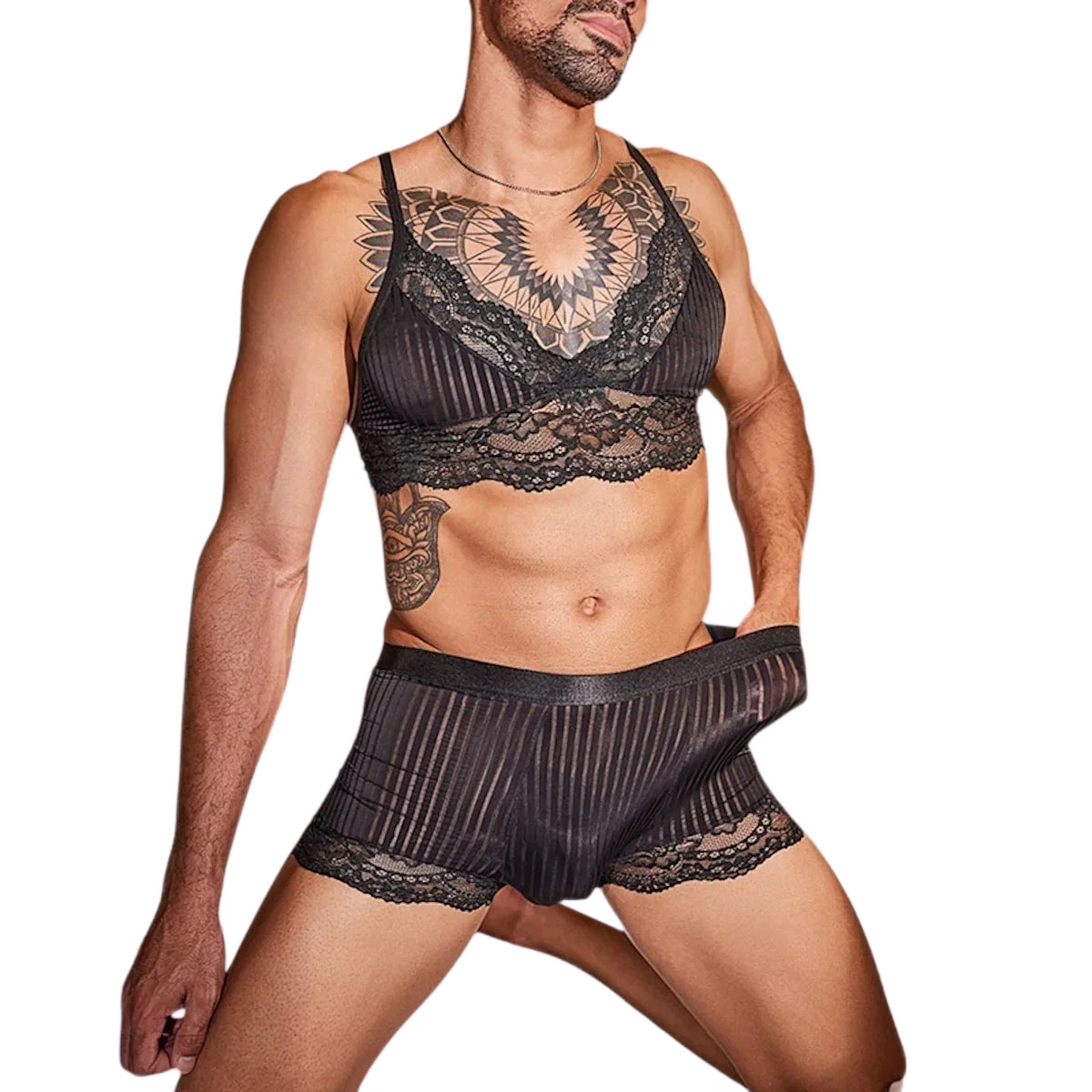 Lace Desire Men’s Striped Bra Set - Puppy's Aesthetics