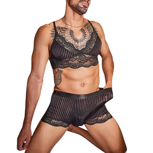 Lace Desire Men’s Striped Bra Set - Puppy's Aesthetics
