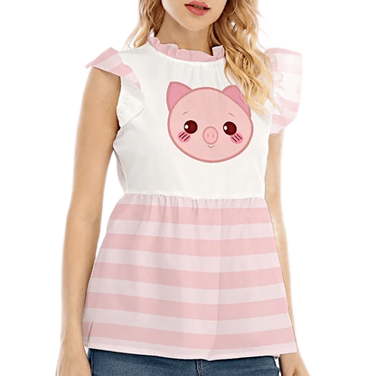 Kawaii Piglet Pink Striped Ruffle Blouse - Puppy's Aesthetics