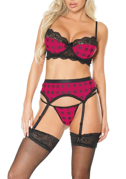 Pink Pussycat Plaid Bra Garter Belt Set