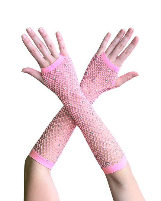 Pink Rhinestone Fingerless Gloves