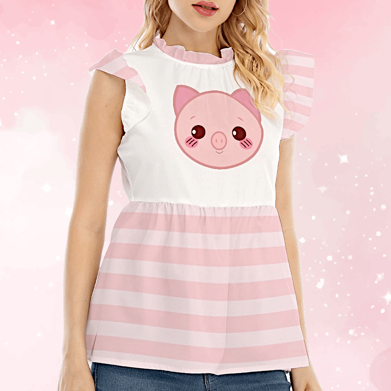 Kawaii Piglet Pink Striped Ruffle Blouse - Puppy's Aesthetics