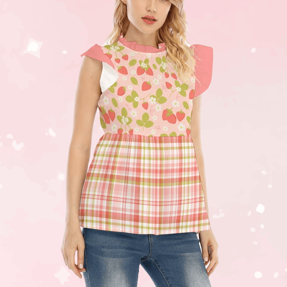Strawberry Plaid Ruffle Blouse - Puppy's Aesthetics