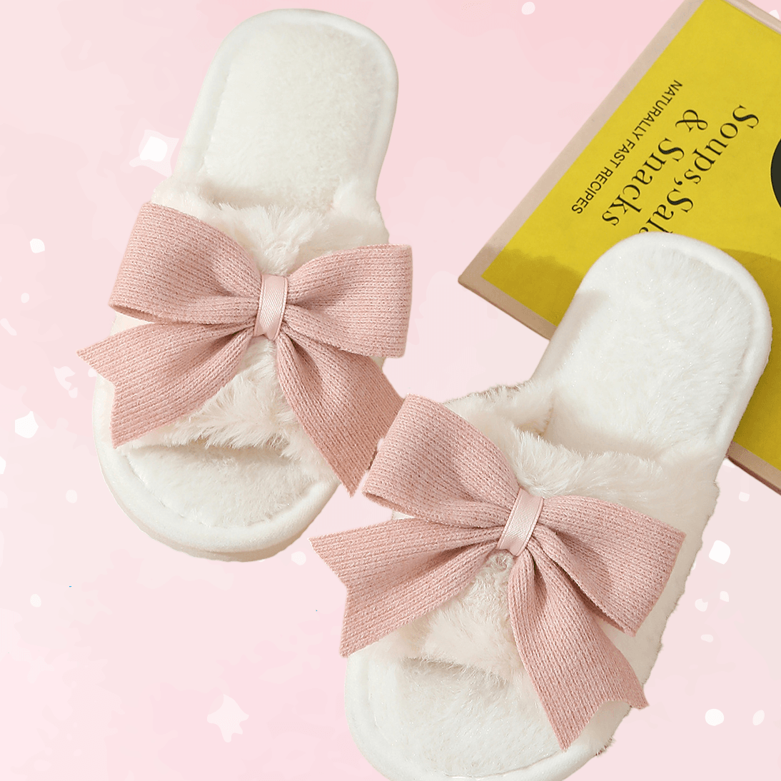 White Cute Bowknot Fluffy Slippers - Puppy's Aesthetics
