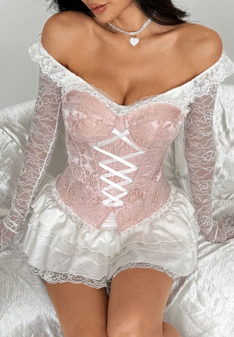 Pink Lace Strapless Corset with White Crisscross Lacing