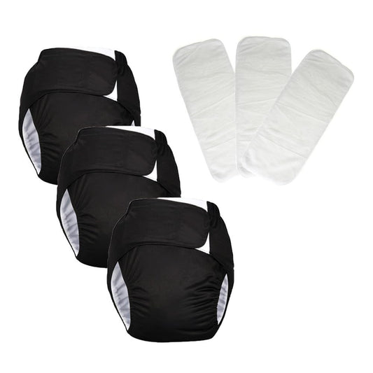 Adult Cloth Diapers 3 Pack Reusable Washable Adjustable Black XL Incontinence