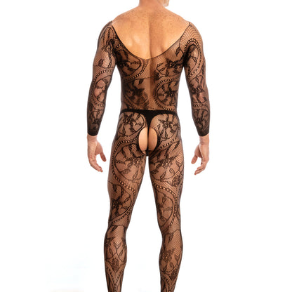 Men’s Fishnet Bodysuit with Lace Crotch and V-Back Design