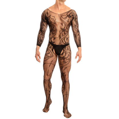 Men’s Fishnet Bodysuit with Lace Crotch and V-Back Design