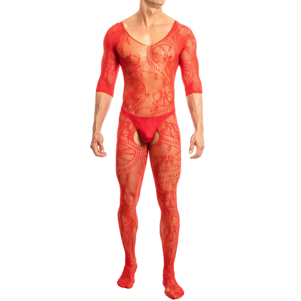 Men’s Fishnet Bodysuit with Lace Crotch and V-Back Design