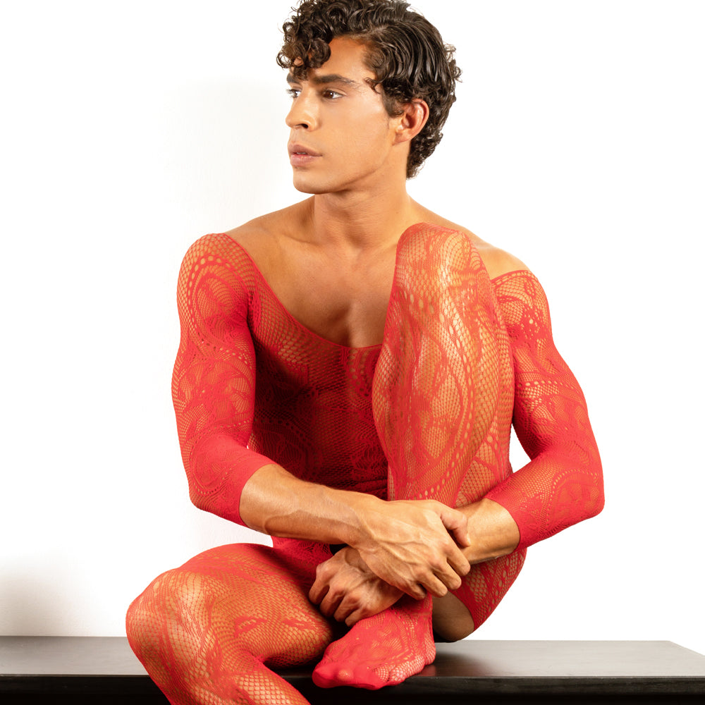 Men’s Fishnet Bodysuit with Lace Crotch and V-Back Design
