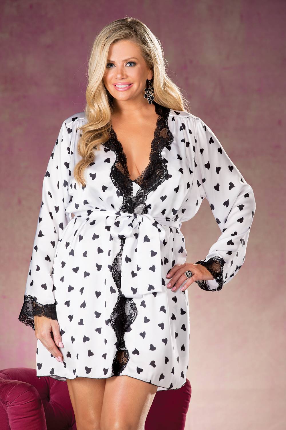 Heart Print Lace Charmeuse Robe with Belt