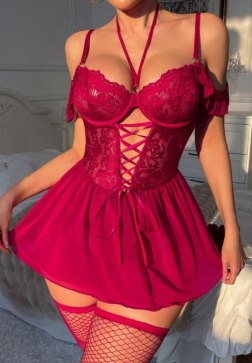 Bold Red Lace Chemise with Halter Neck