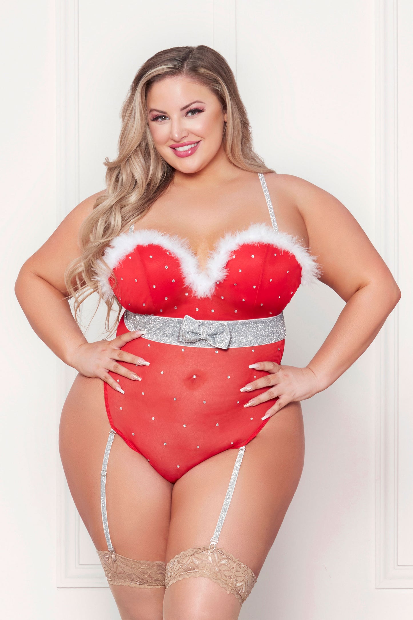 Rhinestone Studded Mesh Teddy With Marabou Trim - Red (3x/4x)