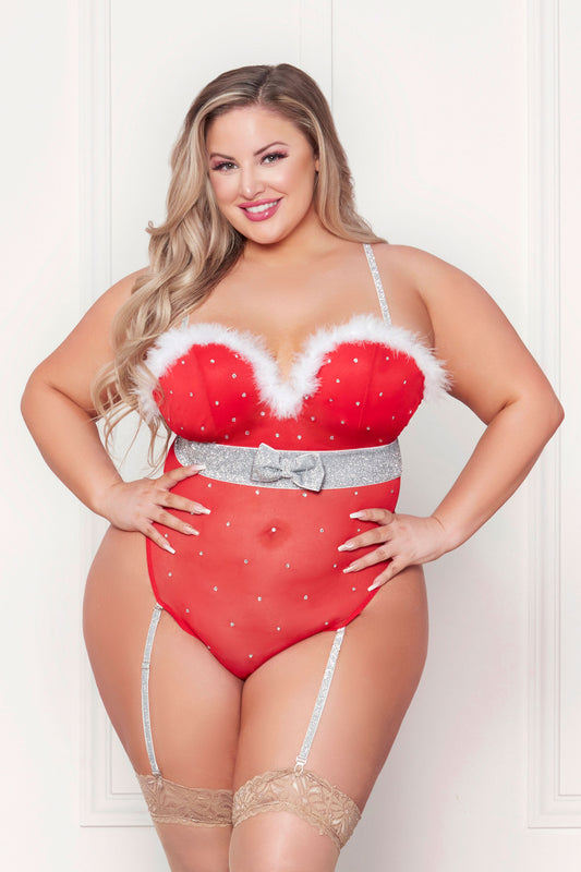 Rhinestone Studded Mesh Teddy With Marabou Trim - Red (3x/4x)