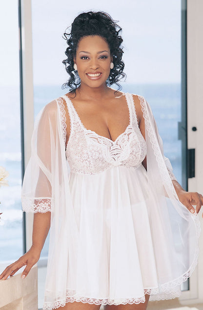 3 Piece Babydoll Set with Lace Cups and Sheer Robe (White)