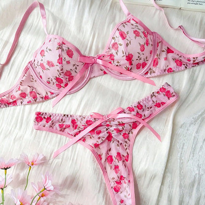 Pink Floral Rose Bra & Panties Set