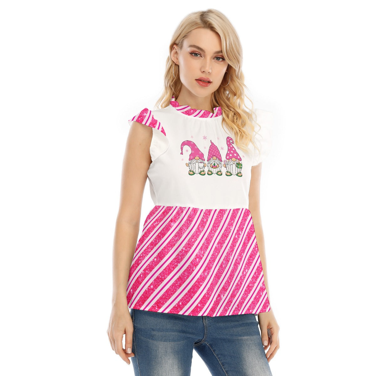 Pink Candy Cane Gnome Ruffle Blouse
