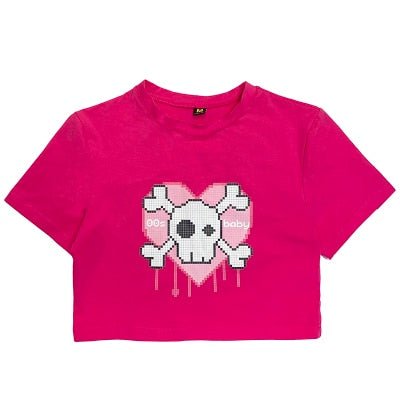 Punk Sweet Cute Skull Graphic Tee rose red
