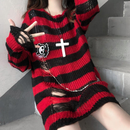 Pink Striped Gothic Sweater Red long One Size