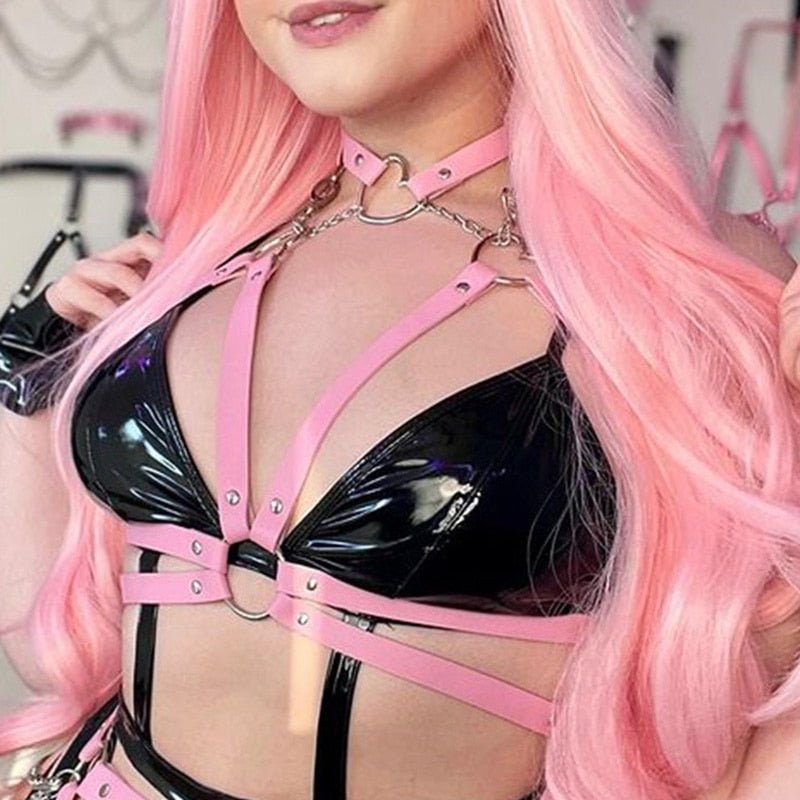 Pink Leather Body Harness style 3 one size