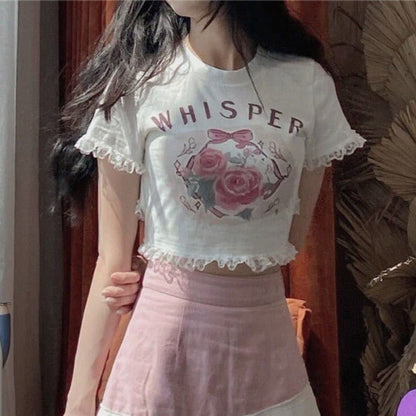 Rose Print Lace Crop Top
