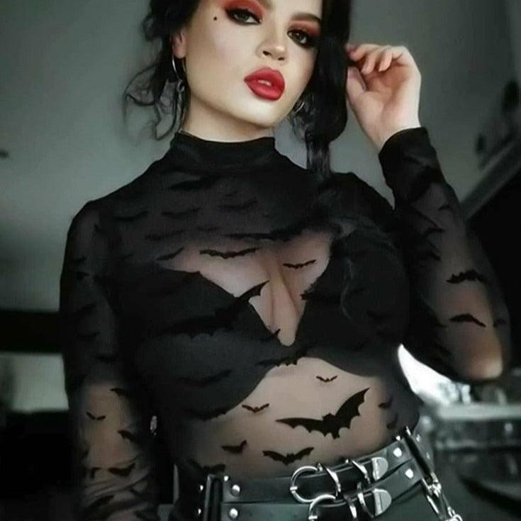 Sexy Gothic Black Bat Print Sheer Top