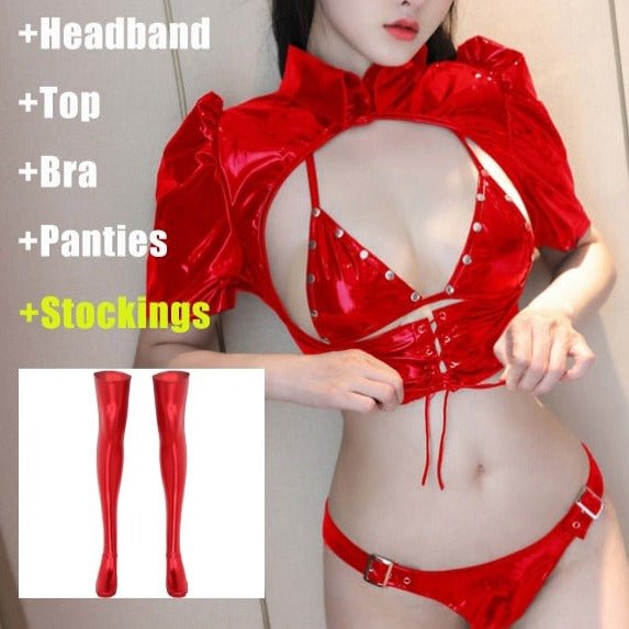 PU Leather Rabbit Ear Temptation Sexy Lingerie Set Red with Stocking