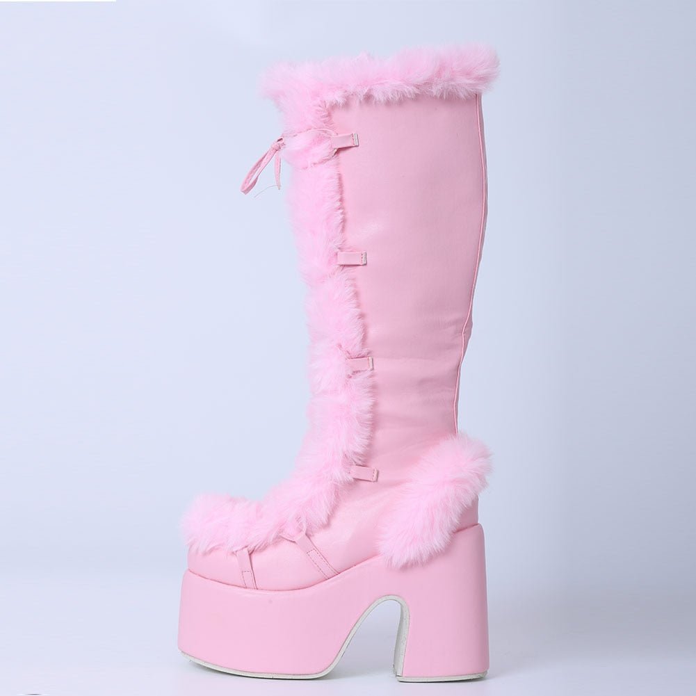 Sweet Furry Platform Chunky High Heeled Boots Pink PU