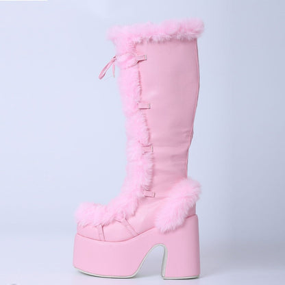 Sweet Furry Platform Chunky High Heeled Boots Pink PU