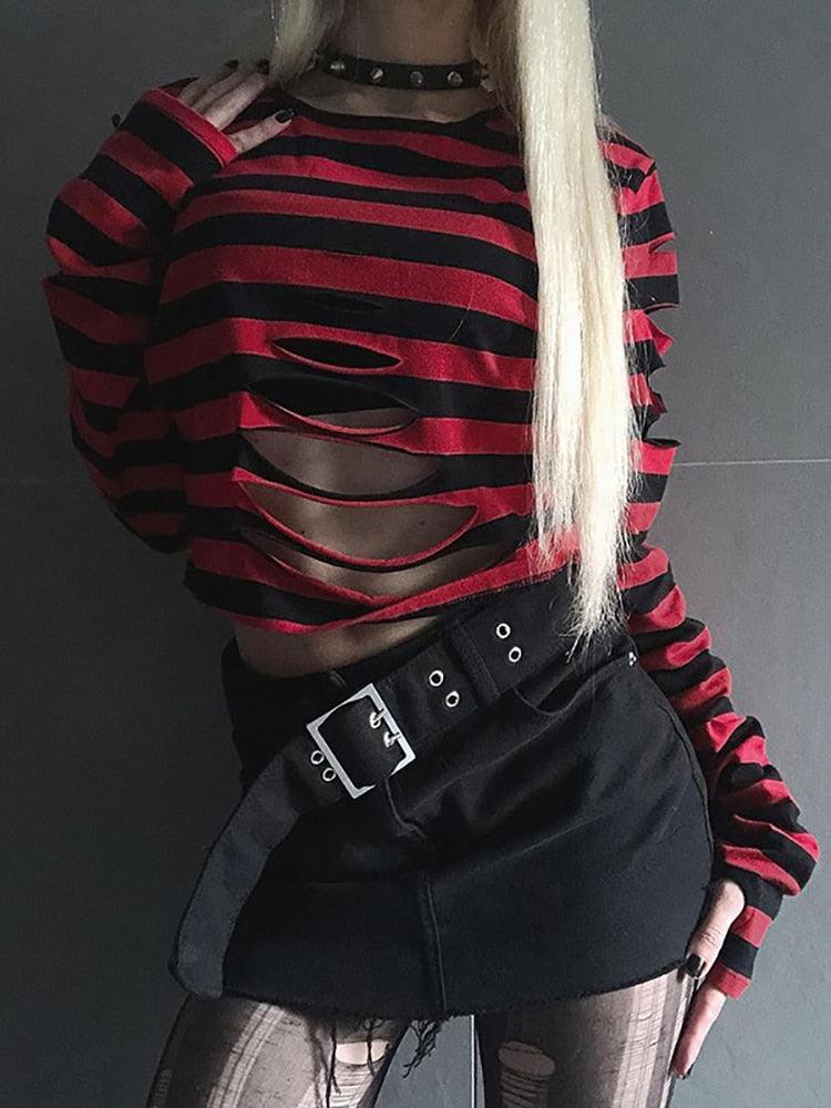 Striped Sexy Hollow Out Crop Top