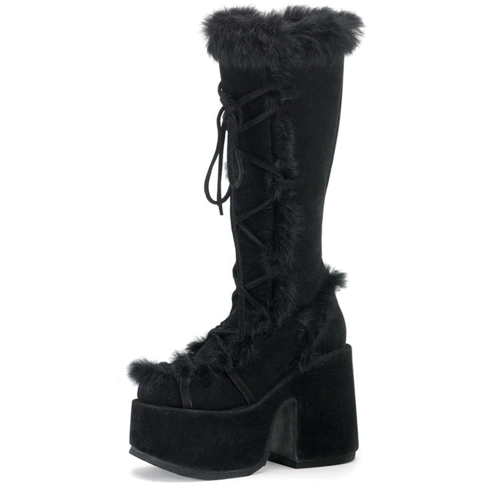 Sweet Furry Platform Chunky High Heeled Boots Black