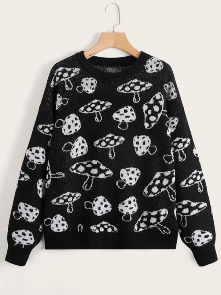 Mushroom Pattern Drop Shoulder Sweater