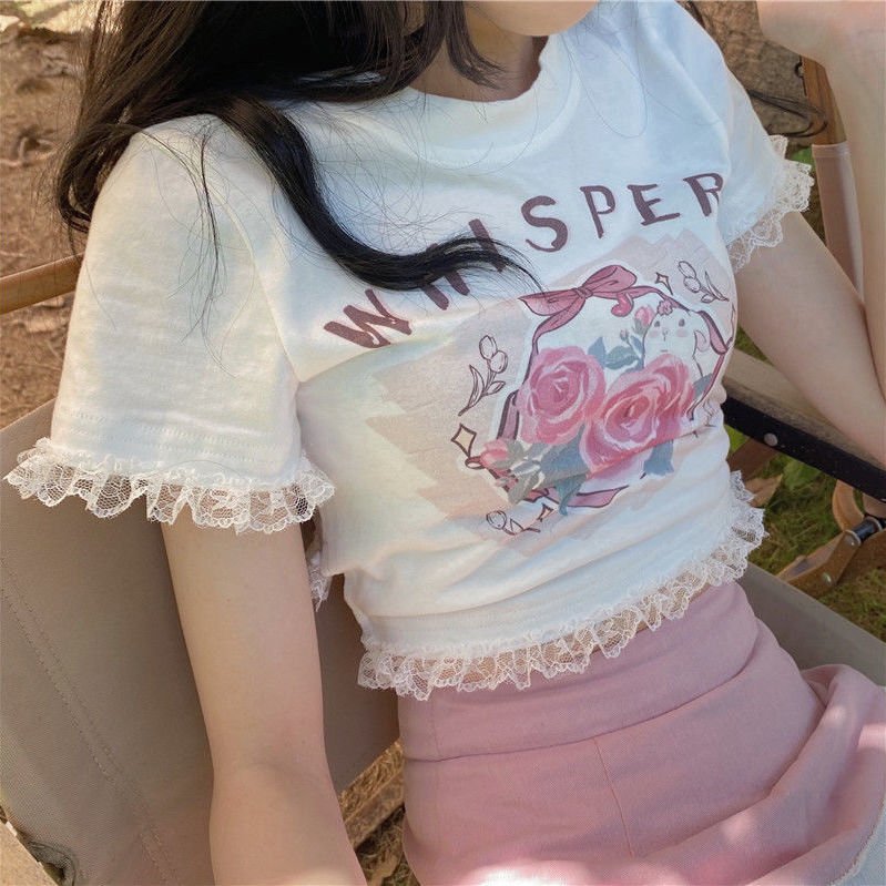 Rose Print Lace Crop Top white top