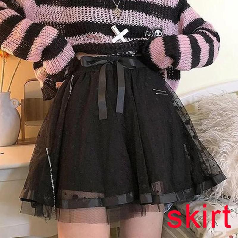 Pink Striped Gothic Sweater Black dot skirt One Size