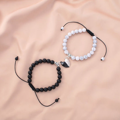 Natural Stone Love Magnet Couple Bead Bracelet (Colors) White pine black matte pair