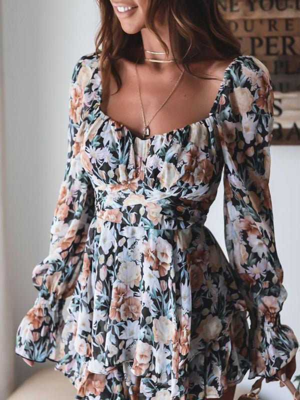 Lovely Floral Sweetheart Puff Sleeve Romper Black