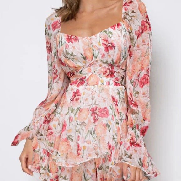 Lovely Floral Sweetheart Puff Sleeve Romper Pink