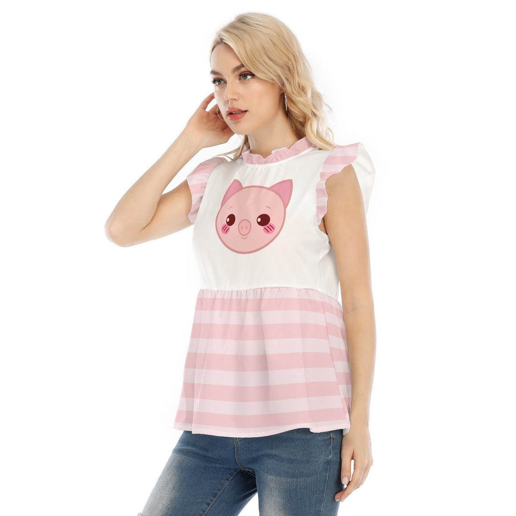 Kawaii Piglet Pink Striped Ruffle Blouse - Puppy's Aesthetics
